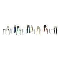 Colorful stackable chairs in various shades, including green, blue, gray, black, white, and red, showcasing a modern design.