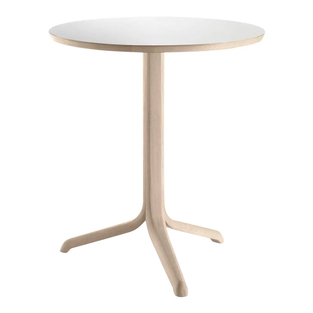 Round table with a smooth white top and light wood base, featuring a minimalist design and natural finish.