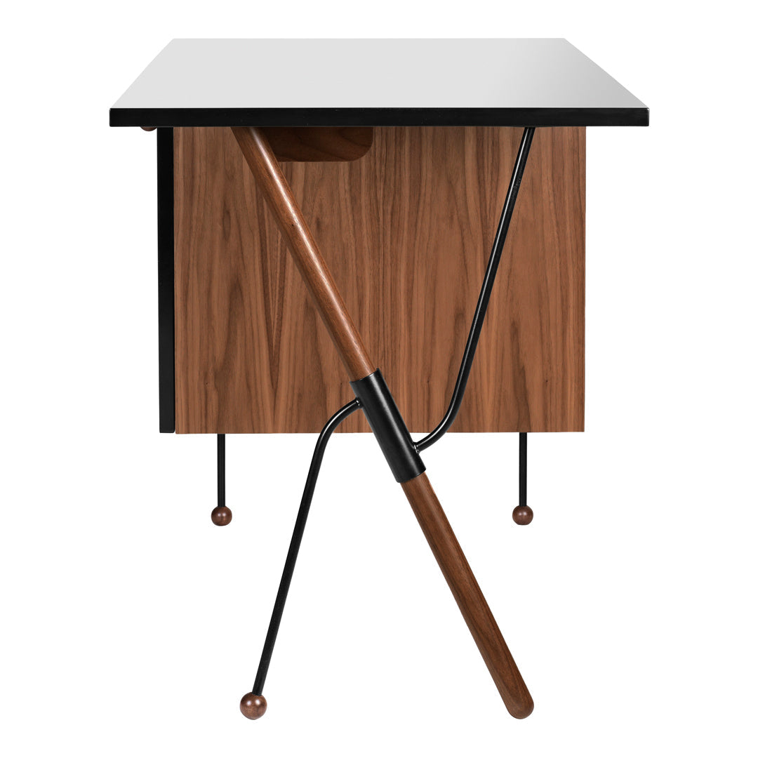 Mid-century modern side table featuring a walnut finish, black legs, and a sleek white top. Elegant and stylish design.
