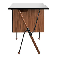 Mid-century modern side table featuring a walnut finish, black legs, and a sleek white top. Elegant and stylish design.