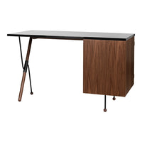 Modern black and brown desk with a sleek design and minimalist patterns, featuring wooden and metal accents.