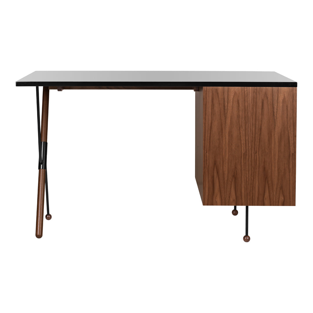 Modern desk featuring a black tabletop and walnut-patterned cabinetry with sleek metal legs.