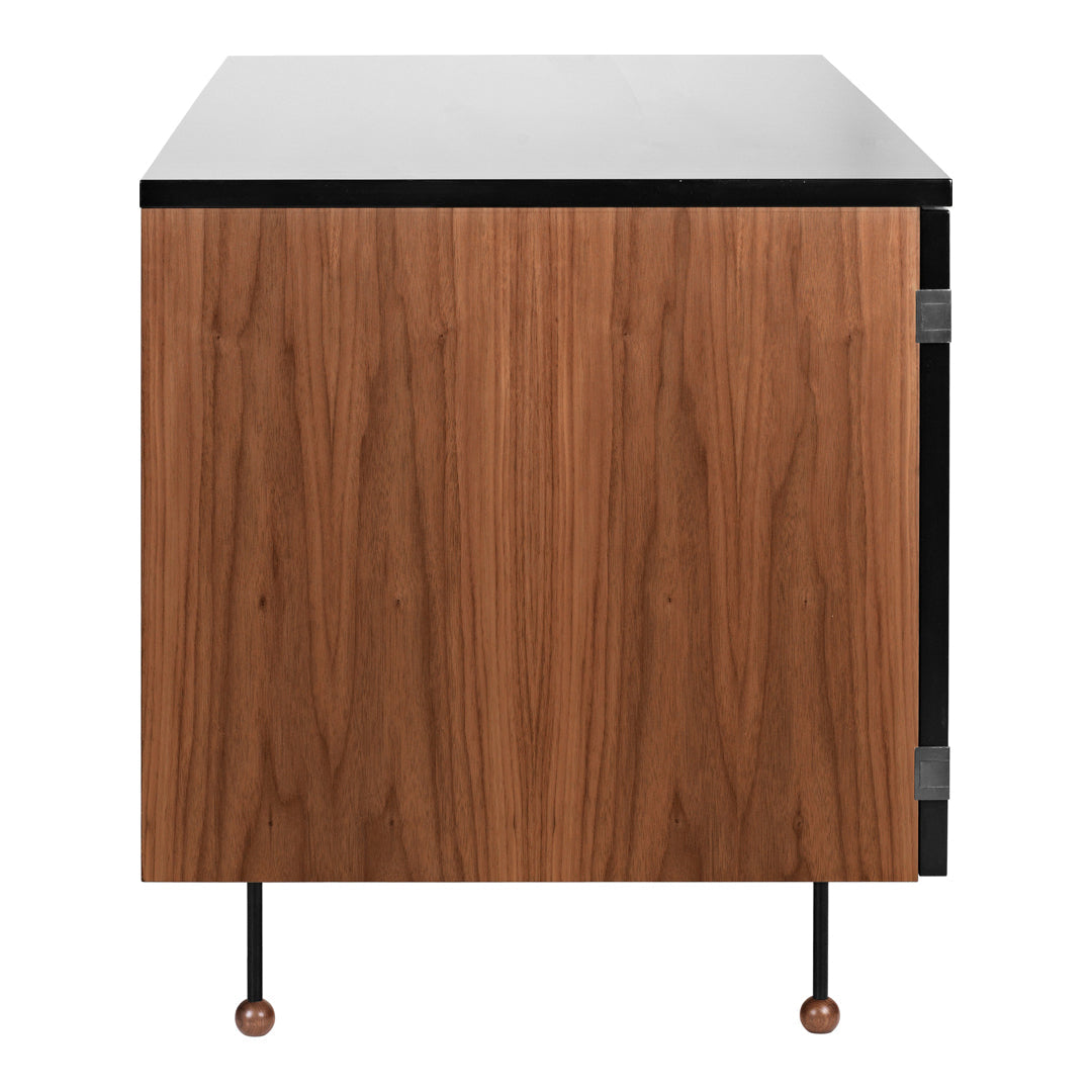 Wooden cabinet with walnut finish, black top, and minimalist metal legs. Modern design with natural patterns.