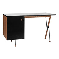 Black and walnut desk with sleek lines and modern geometric patterns, featuring a single sliding door.