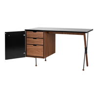 Modern desk with a sleek black top, walnut finish, and minimalistic pattern, featuring three drawers and a side cabinet.