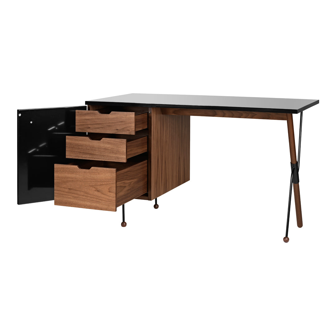 Modern desk featuring a black top, walnut finish, and sleek geometric patterns on legs and drawer fronts. Stylish and functional.