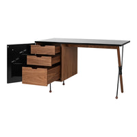 Modern desk featuring a black top, walnut finish, and sleek geometric patterns on legs and drawer fronts. Stylish and functional.