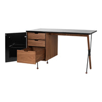 Wooden desk with a walnut finish, black drawer fronts, and sleek metal legs, featuring contrasting textures and clean lines.