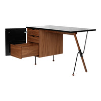 Mid-century modern desk featuring a matte black top, walnut drawers, and black metal accents. Stylish and functional design.
