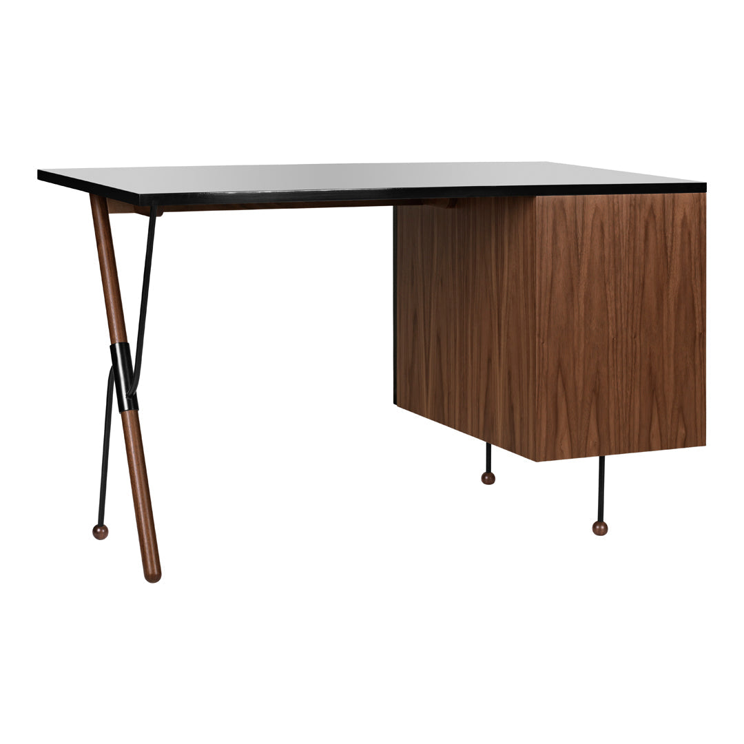Modern desk featuring a sleek black top and warm walnut wood drawers with geometric patterns. Ideal for stylish workspaces.