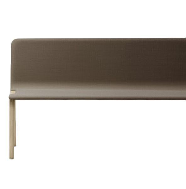 Neutral brown upholstered bench with a sleek design and light wooden legs, perfect for modern decor.
