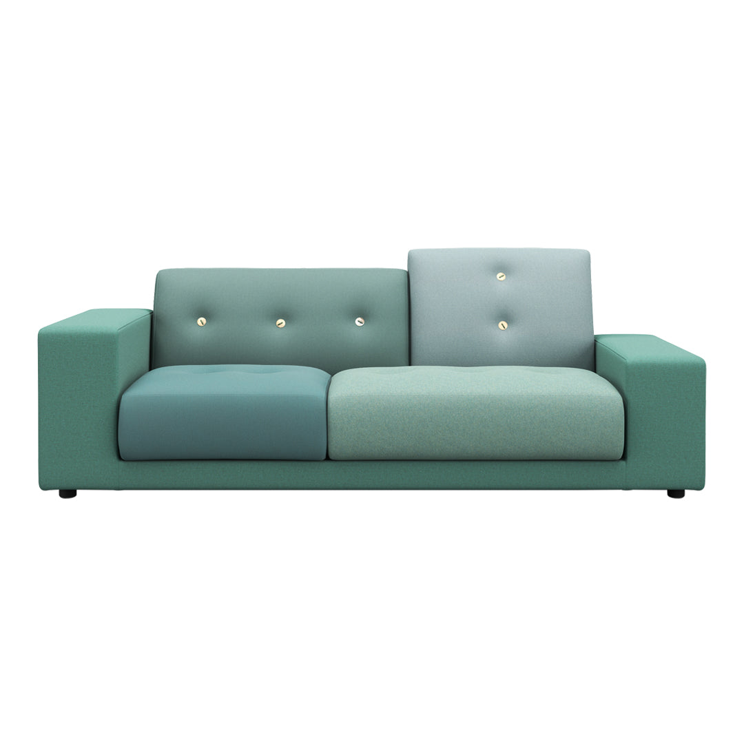 Contemporary teal sofa featuring a two-tone design with soft textures and button accents. Perfect for modern spaces.