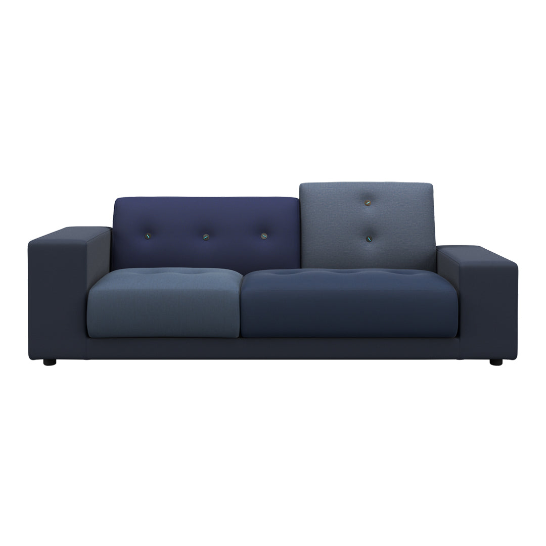 Stylish navy and blue two-tone sofa with buttoned detailing, perfect for modern living spaces.