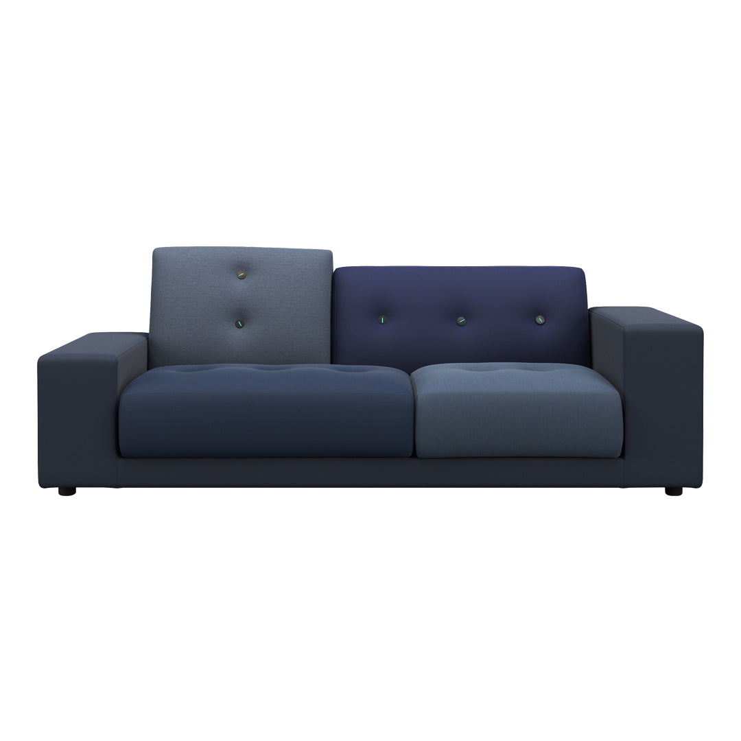 Modern sofa in varying shades of blue with button detailing and a clean geometric design. Perfect for contemporary decor.