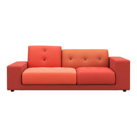 Red and orange modern sofa with button-tufted cushions and a sleek design, perfect for contemporary spaces.