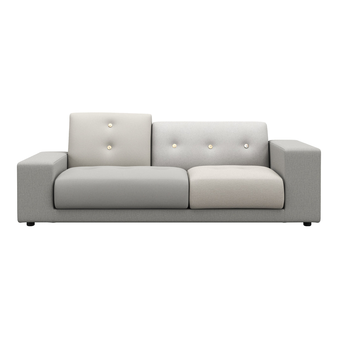 Two-tone gray sofa with button accents and smooth fabric, featuring a modern geometric design.
