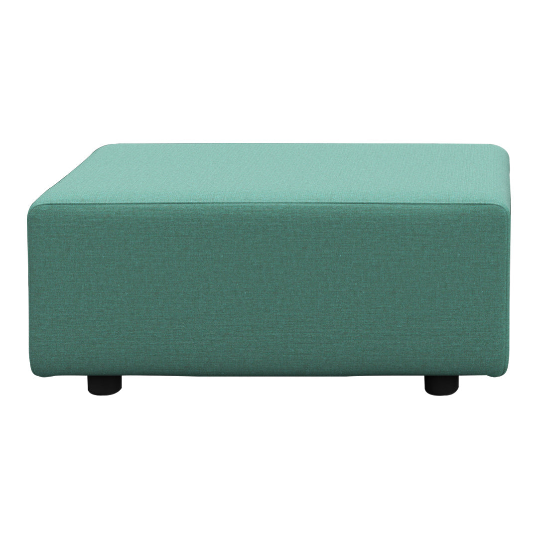 Rectangular ottoman in serene mint green fabric with a smooth, solid surface and black legs.