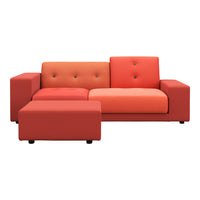 Modern two-tone red and orange sectional sofa with button detailing and a minimalist design. Perfect for contemporary spaces.