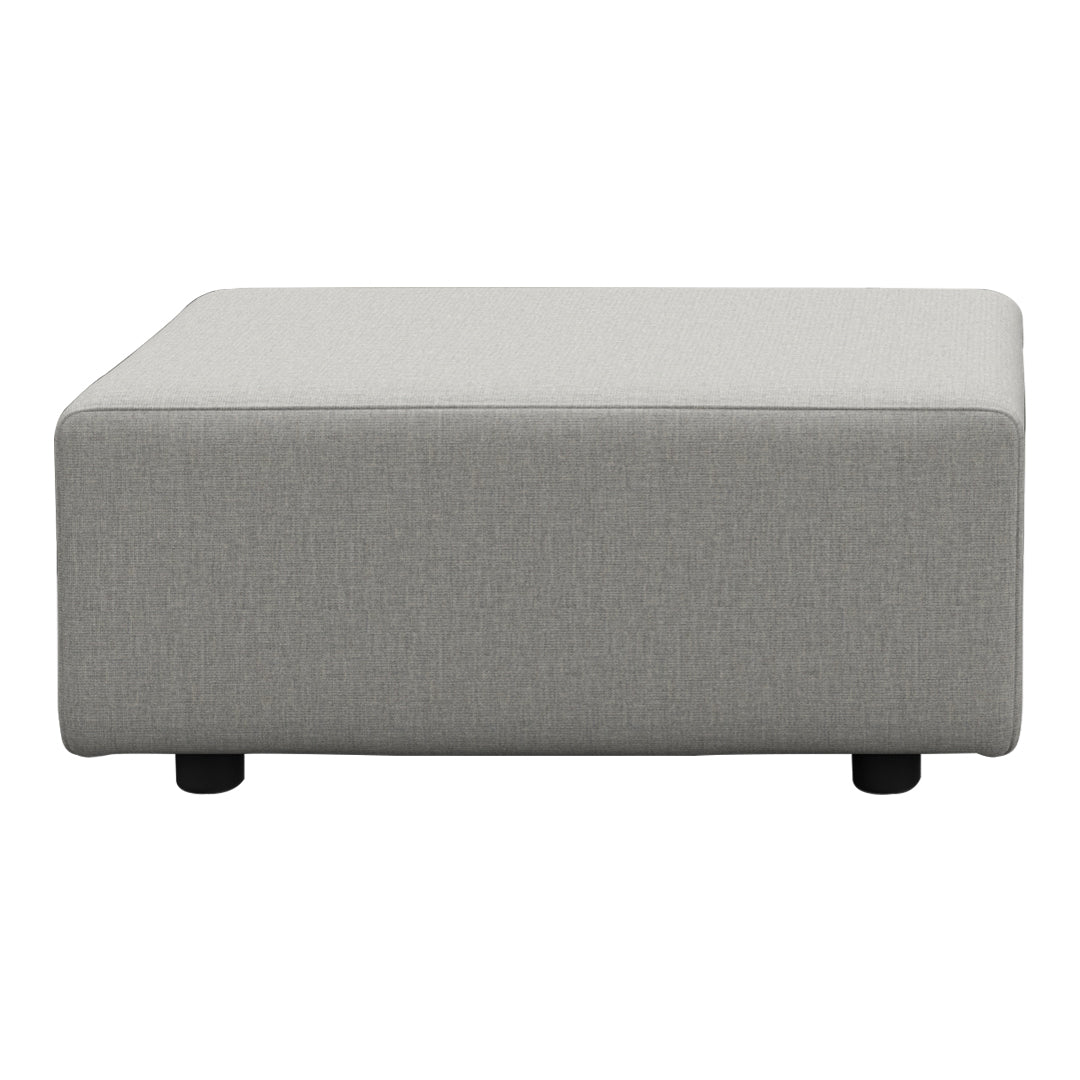 Gray upholstered ottoman with a smooth, simple design and black legs. Ideal for modern decor.