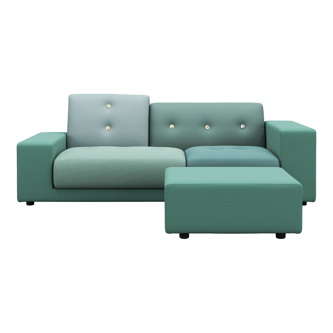 Modern two-tone sofa in soft teal and light blue with button tufting and a matching ottoman. Stylish and versatile design.
