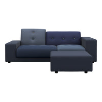Sleek modern sofa in gradient shades of blue with button detailing and solid navy accents. Perfect for contemporary spaces.