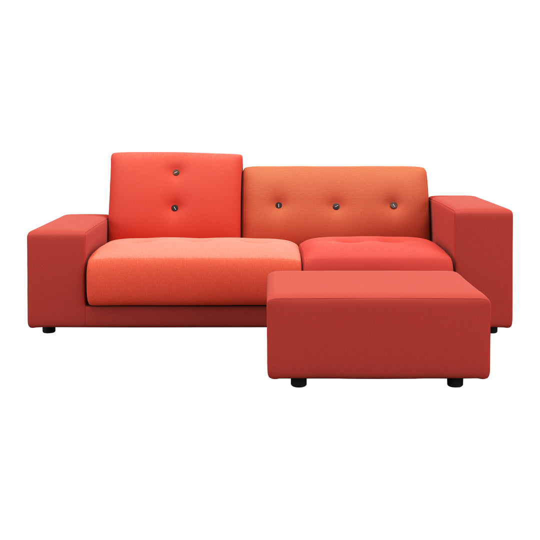 Modern sectional sofa in gradient shades of orange and red with button accents and clean lines. Perfect for stylish living rooms.