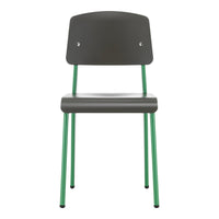 Gray chair with a smooth seat and vibrant green metal legs, perfect for modern decor.