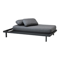 Modern black bed frame with sleek gray cushions, featuring minimalistic design and smooth fabric texture.