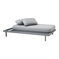 Light grey bed frame with matching cushions, featuring a sleek, minimalist design and modern aesthetic.
