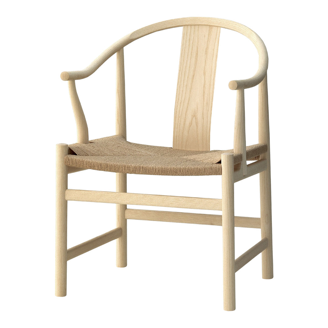 Light wood chair with a curved backrest and woven seat, showcasing a natural finish and simple, classic design.