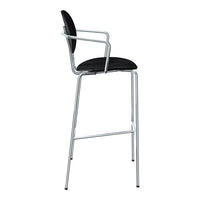 Black bar stool with sleek chrome legs and armrests, perfect for modern decor. Simple and stylish design.