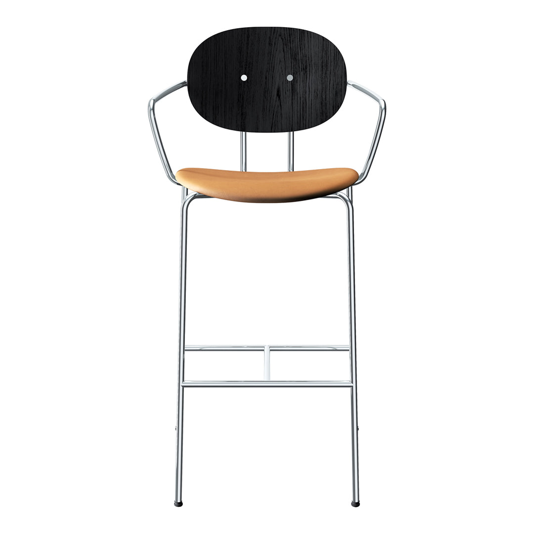 Modern bar stool featuring a sleek black wooden backrest and a tan upholstered seat, complemented by a chrome frame.