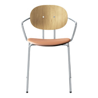 Natural wood grain backrest with a curved design, complemented by a smooth peach seat and silver metal legs.