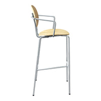 Stylish bar stool with a natural wood seat and sleek chrome legs, featuring a minimalist design and smooth surfaces.