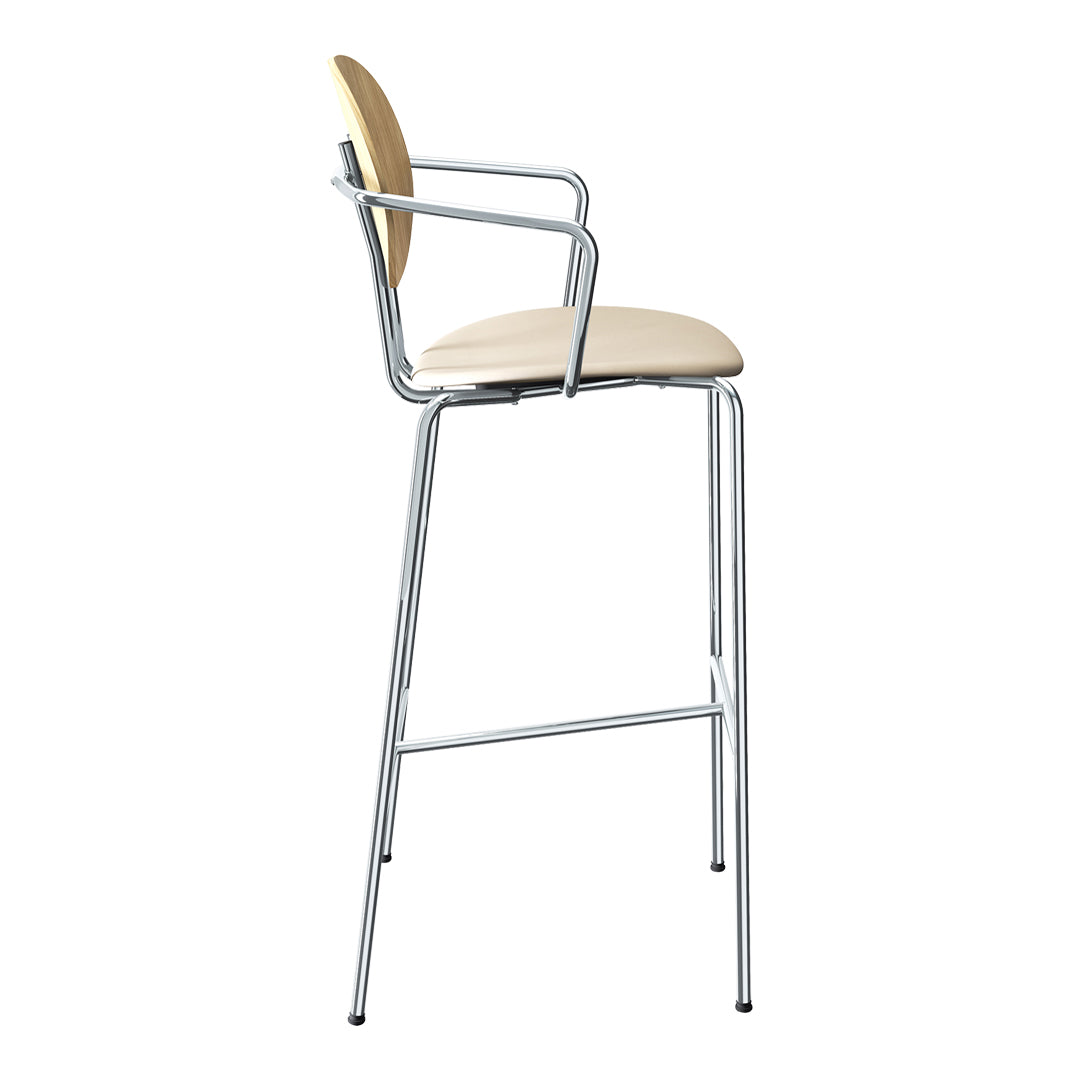 Minimalist chrome barstool with a beige upholstered seat and a natural wood backrest. Modern design for contemporary spaces.