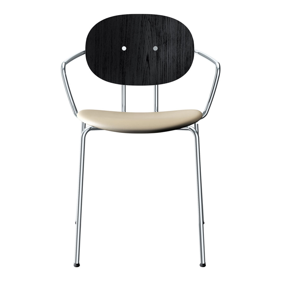 Black wood-patterned backrest with a beige seat and sleek chrome legs. Modern design perfect for any space.
