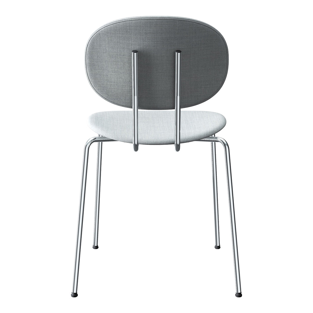 Modern chair featuring a sleek gray backrest and white seat, complemented by a minimalist chrome frame.