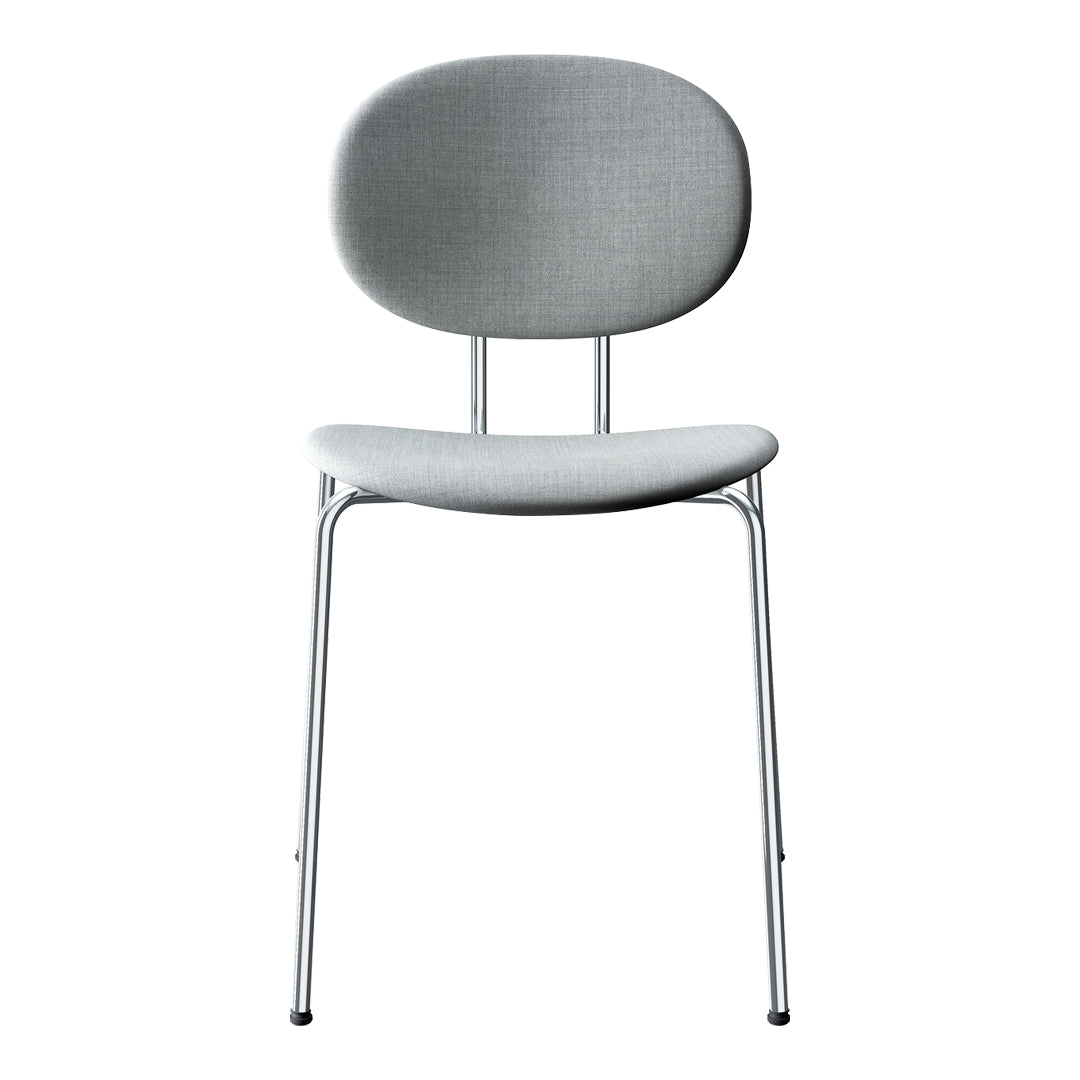 Gray upholstered chair with a smooth, rounded back and sleek chrome legs, perfect for modern decor.