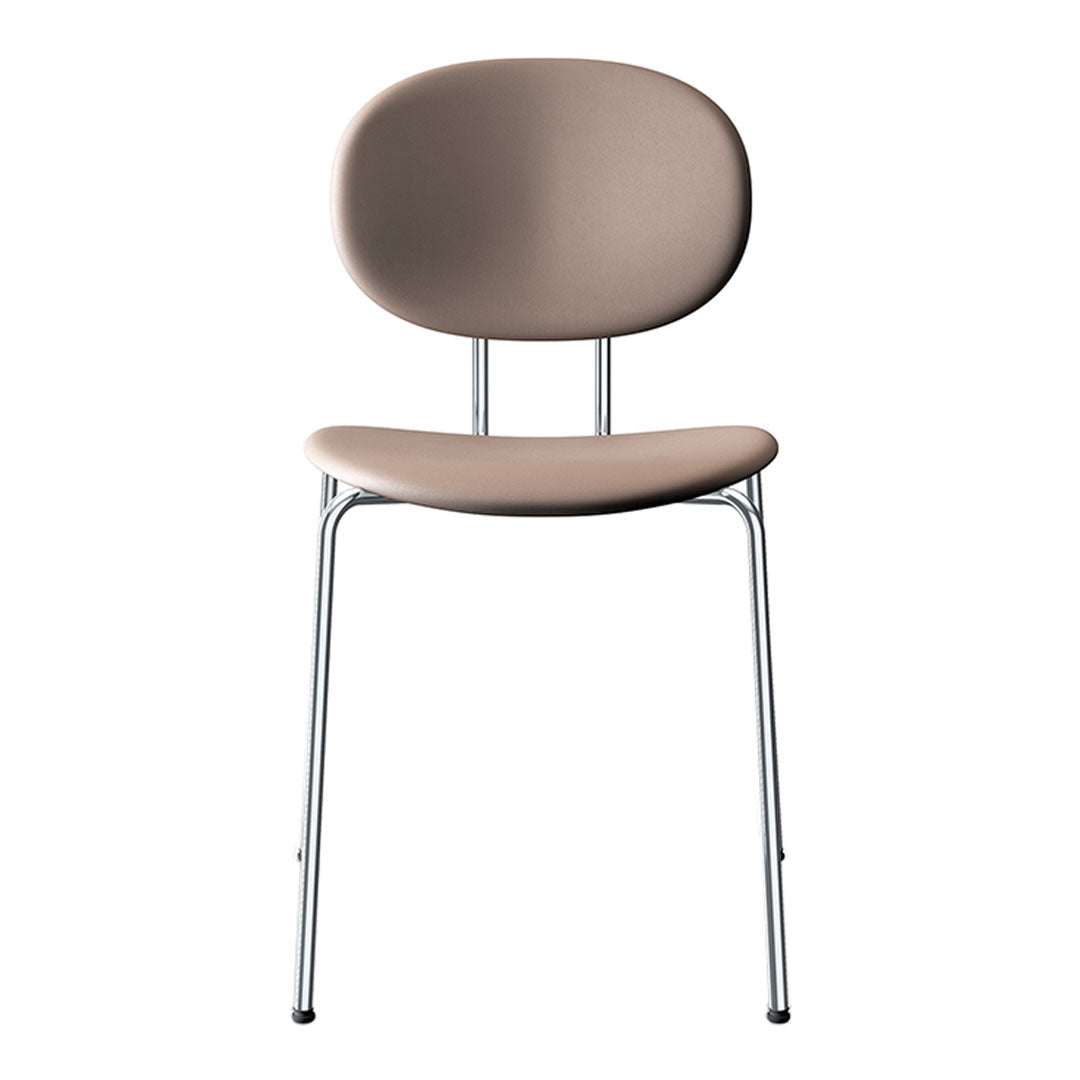 Tan ergonomic chair with a sleek chrome frame, featuring smooth, minimalist design. Perfect for modern decor.