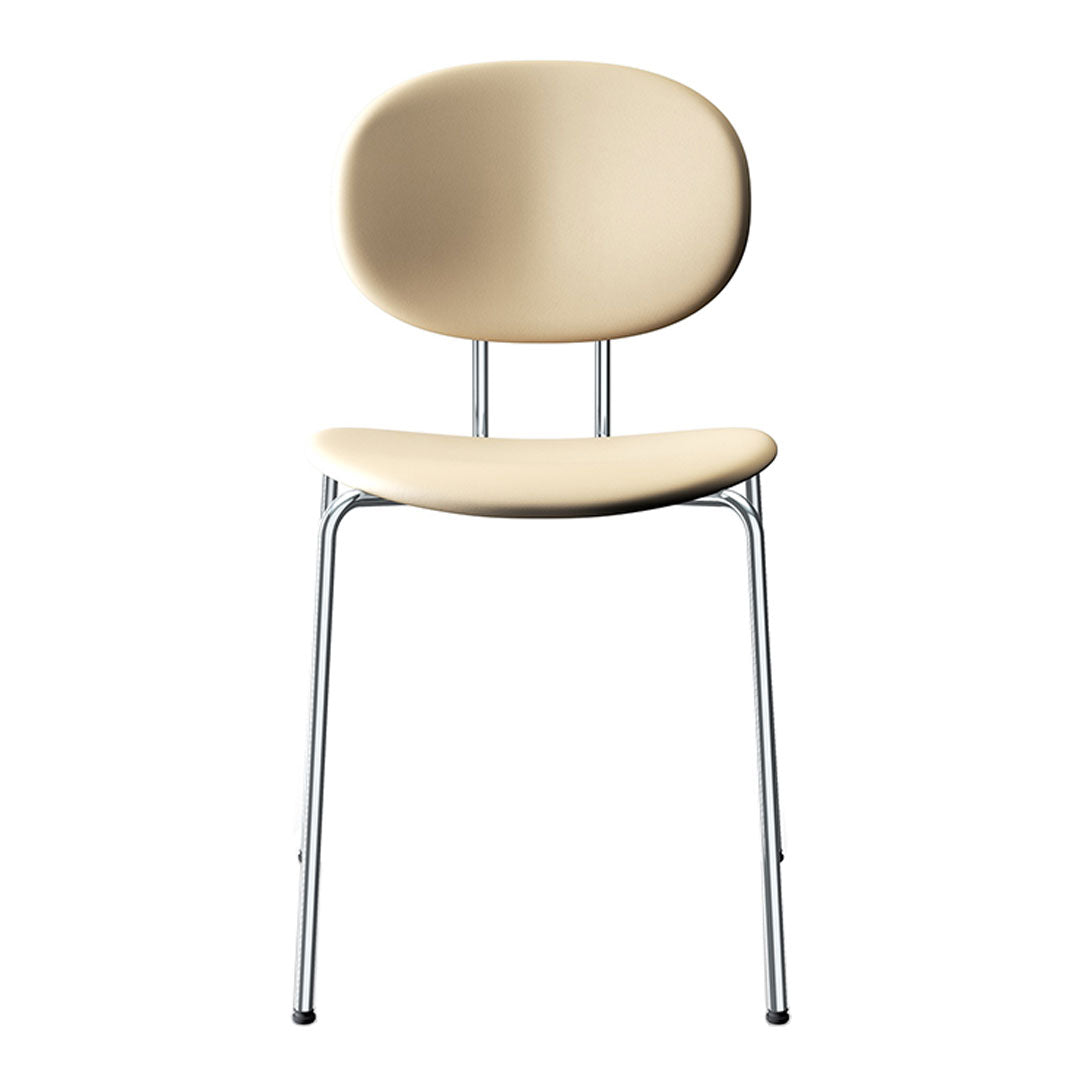 Beige modern chair with a smooth, oval backrest and sleek chrome legs. Minimalist design perfect for contemporary spaces.