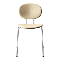 Beige modern chair with a smooth, oval backrest and sleek chrome legs. Minimalist design perfect for contemporary spaces.