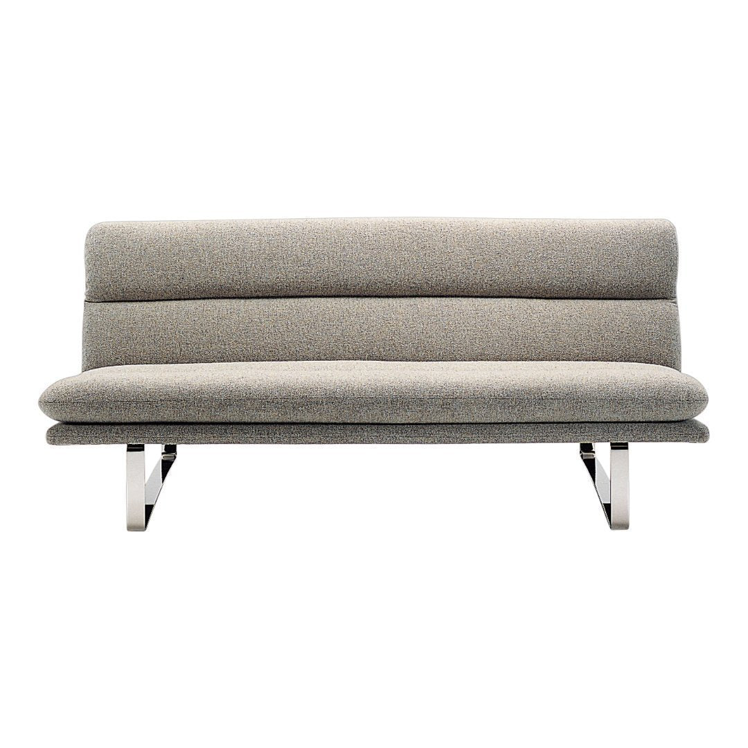 Gray two-tone upholstered sofa with clean lines and minimalist design on a sleek metal frame.