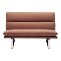 Brown upholstered loveseat with sleek chrome legs and a minimalist design, featuring smooth, modern lines.