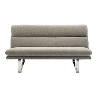 Gray sofa with a smooth, minimalist design and subtle textured fabric on a sleek metallic base.