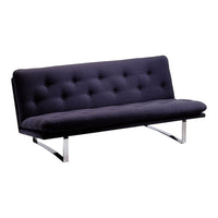 Dark navy blue tufted fabric sofa with sleek chrome legs and a modern design. Perfect for contemporary spaces.