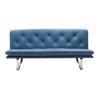 Blue tufted sofa with a sleek design and shiny metal legs, featuring a minimalist pattern for modern decor.