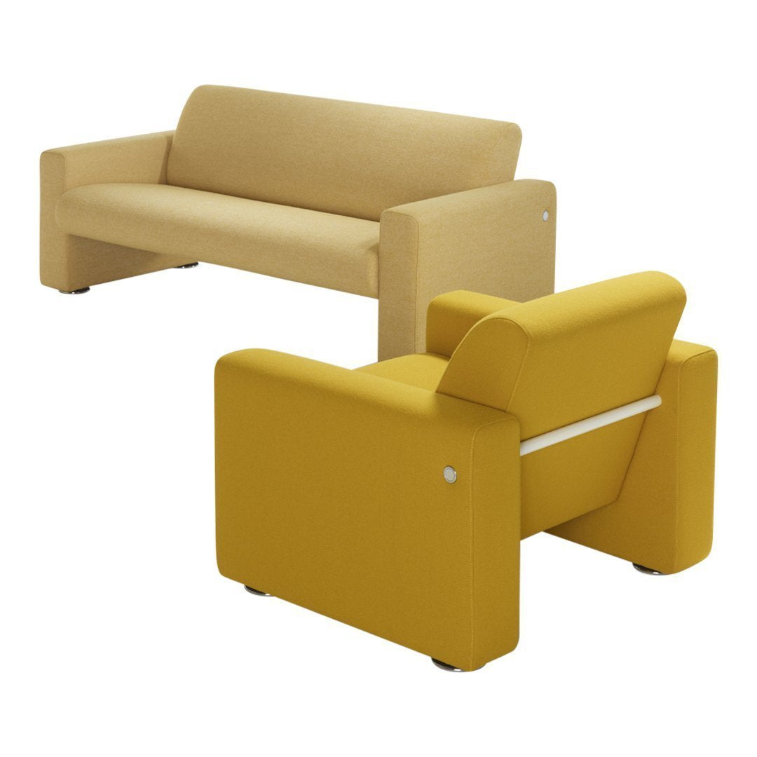 Beige and mustard yellow sofa and chair set featuring a sleek, modern design and smooth fabric finish.