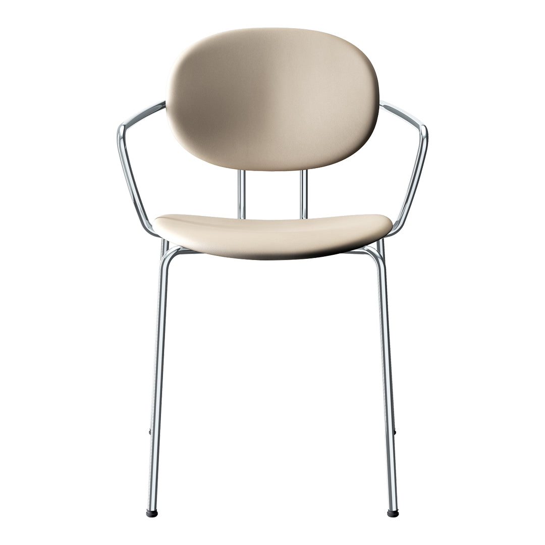 Beige chair with a smooth, minimalist design and chrome legs, perfect for modern decor. 