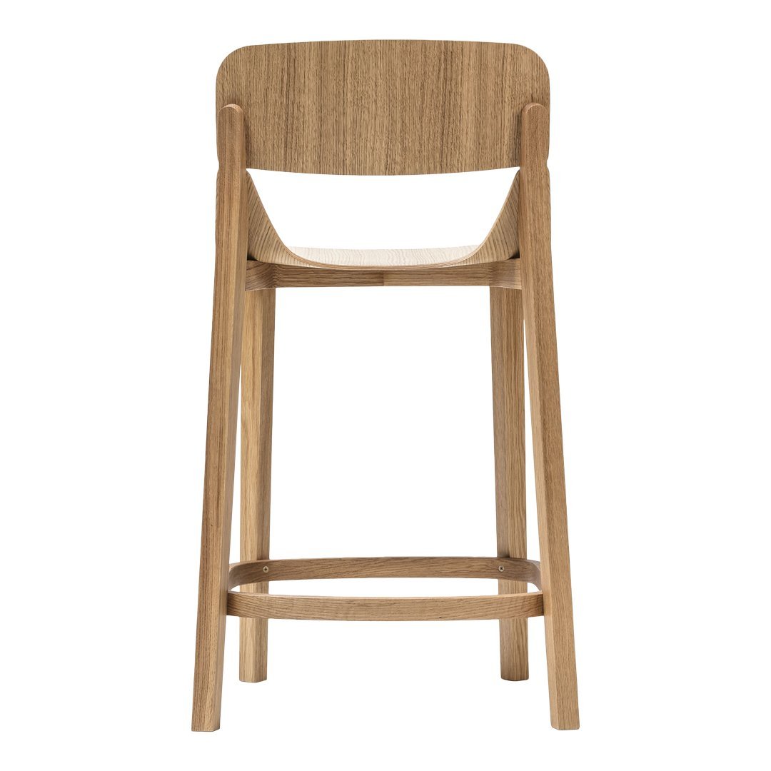 Light wood bar stool with a smooth, natural finish and minimalist design. Ideal for modern decor.