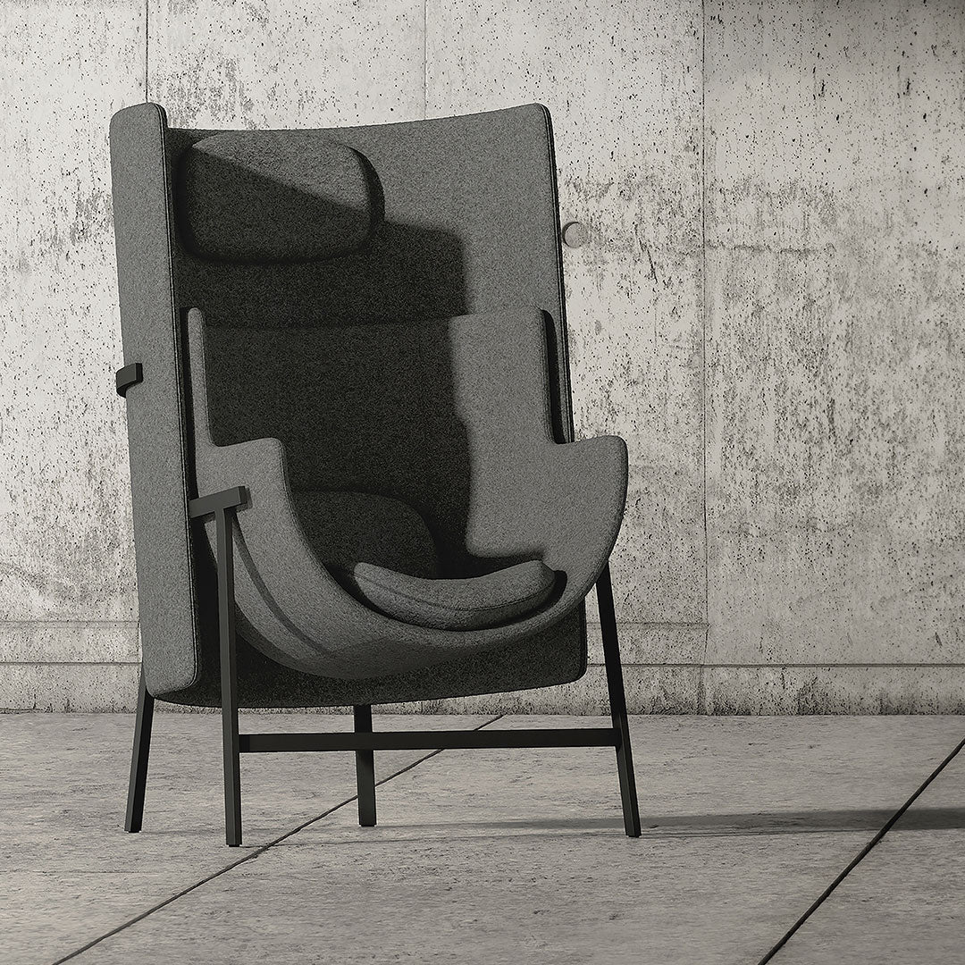 Modern gray upholstered chair with a minimalist design, featuring a sleek black metal frame and smooth contours.